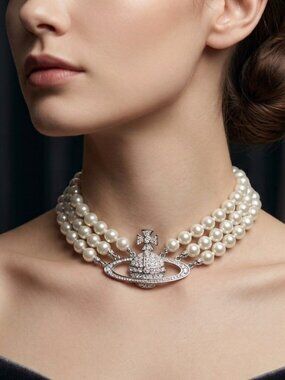 Baroque Pearl Orb Choker Necklace 3 Strand Ivory Glass Beads Gothic VTG Style